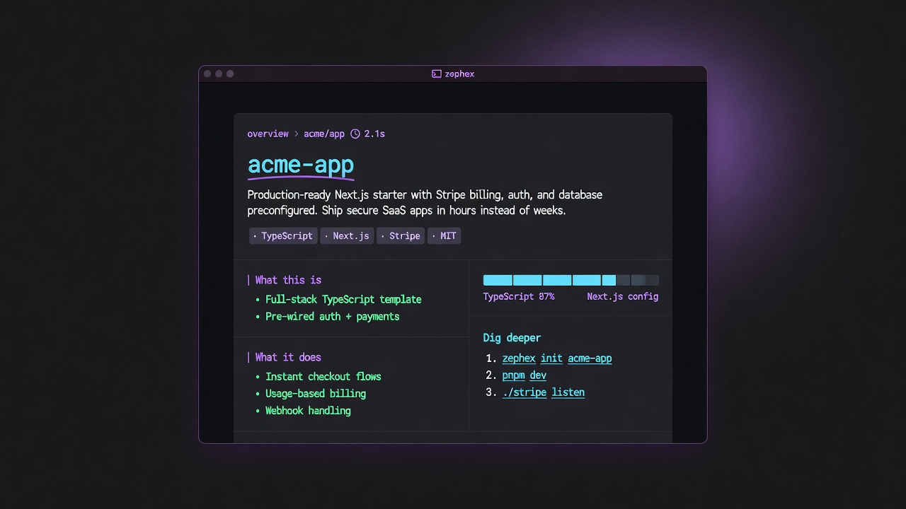 Zephex terminal answer card — hero project name, plain-English brief, tag strip, section rails, and Dig deeper next steps